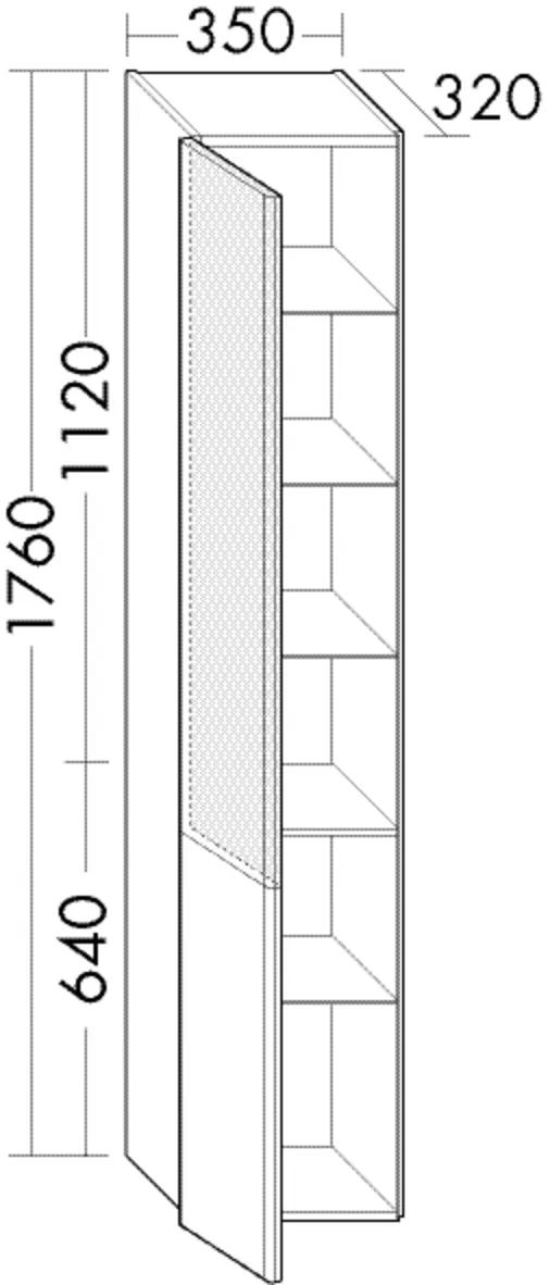 Hochschrank, 2 Türen, (Tür oben, innen verspiegelt), 4 Glaseinlegeböden, 1 fester Boden, Tiefe: 320 mm, Breite: 350 mm, Höhe: 1760 mm