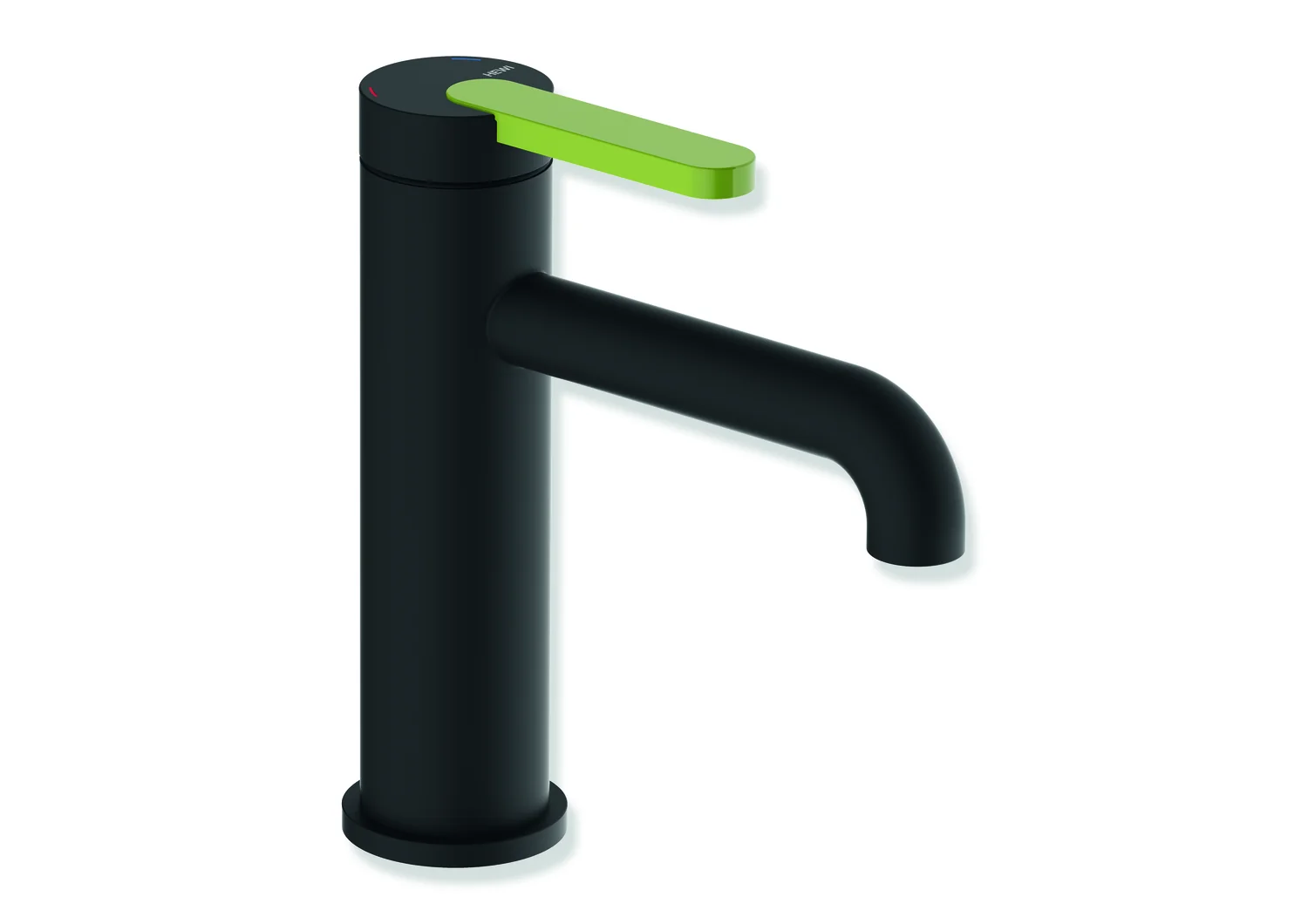HEWI Einhebel-Waschtischmischer AQ477, System-Armaturen, pulverbeschichtet in Schwarz tiefmatt mit Apfelgrün-Griff, Höhe 172 mm, Ausladung 130 mm, Durchfluss 5 l/min, Keramikkartusche K-35OP, druckfest bis 35 bar
