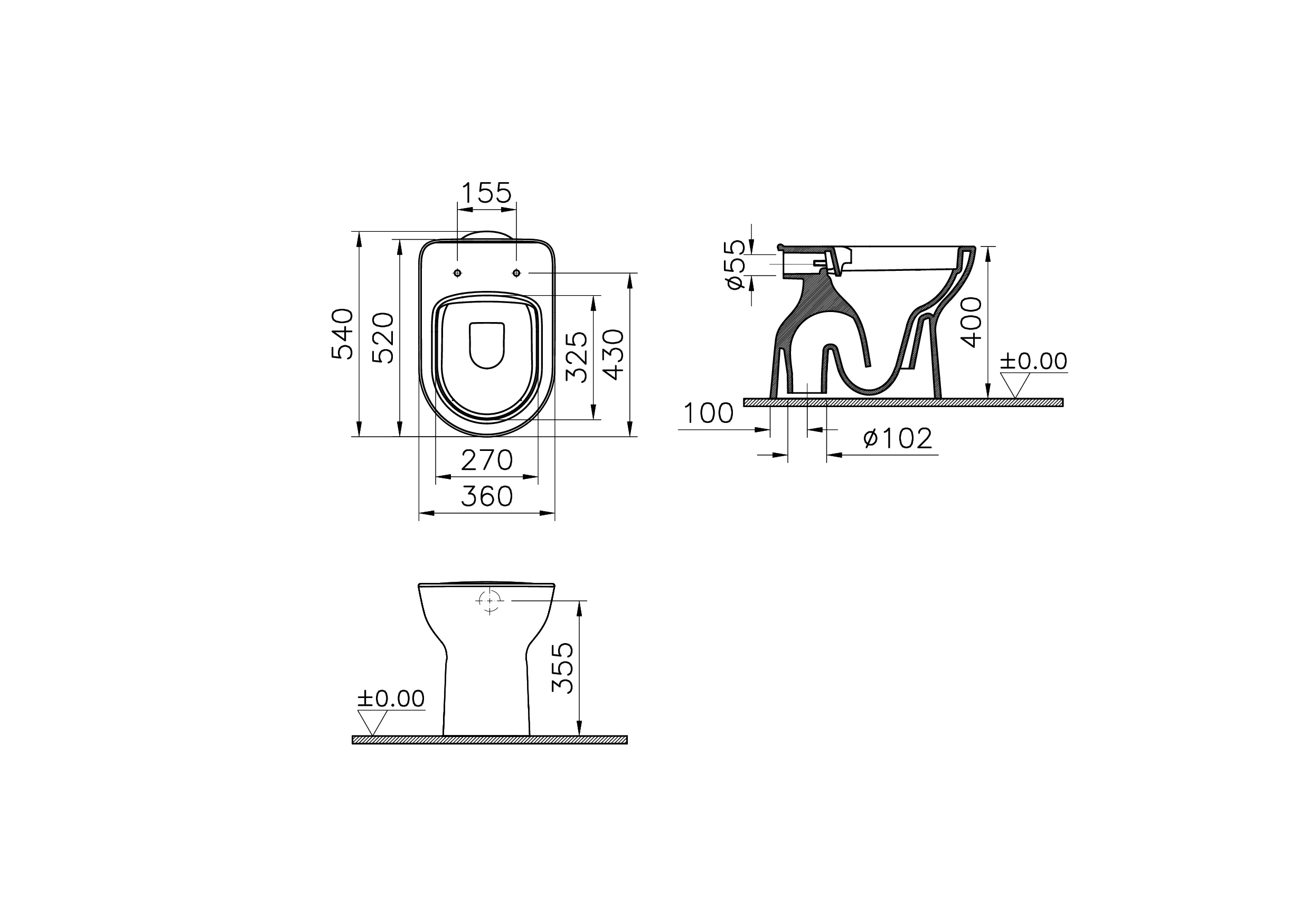 New S20 Round Tiefspüler-Stand-WC spülrandlos Smooth Flush open back Abgang senkrecht 36 x 54 cm (BxT) Weiß Hochglanz