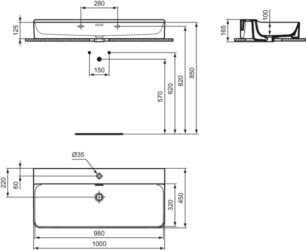 Waschbecken „Conca“ 100 × 45 × 16,5 cm, Hahnlochposition mittig in Seidenweiß