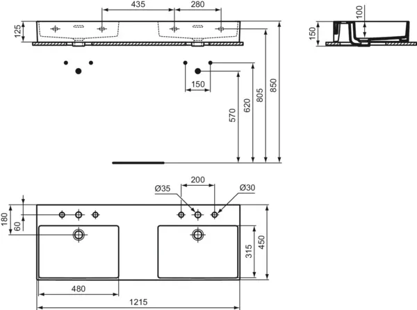 Waschbecken „Extra“ 121,5 × 45 × 15 cm, Hahnlochposition mittig in Weiß Waschbecken „Extra“ 121,5 × 45 × 15 cm, Hahnlochposition mittig in Weiß
