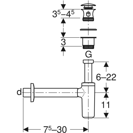 Waschbeckenablauf mit Siphon, Außenventilstopfen mit Druckbetätigung, Abgang horizontal: d=32 / 40mm, G=1 1/4″, hochglanz-verchromt Waschbeckenablauf mit Siphon, Außenventilstopfen mit Druckbetätigung, Abgang horizontal: d=32 / 40mm, G=1 1/4″, hochglanz-verchromt