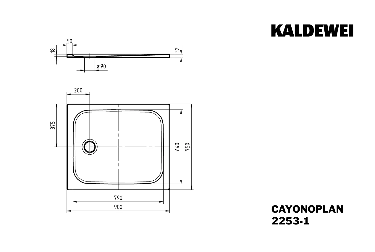 Kaldewei CAYONOPLAN Duschfläche, alpinweiß, 750 x 900 mm, bodeneben, seitlicher Ablauf