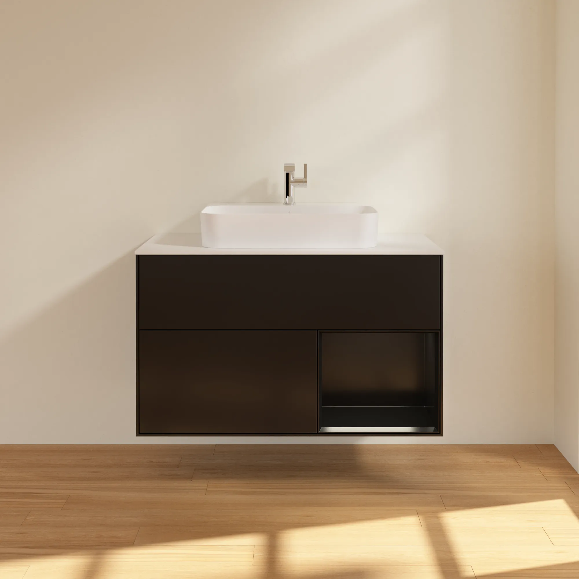 Villeroy & Boch Waschtischunterschrank „Finion“ für Schrankwaschtisch 1000 × 603 × 501 mm Black Matt Lacquer, für Becken mittig Villeroy & Boch Waschtischunterschrank „Finion“ für Schrankwaschtisch 1000 × 603 × 501 mm Black Matt Lacquer, für Becken mittig