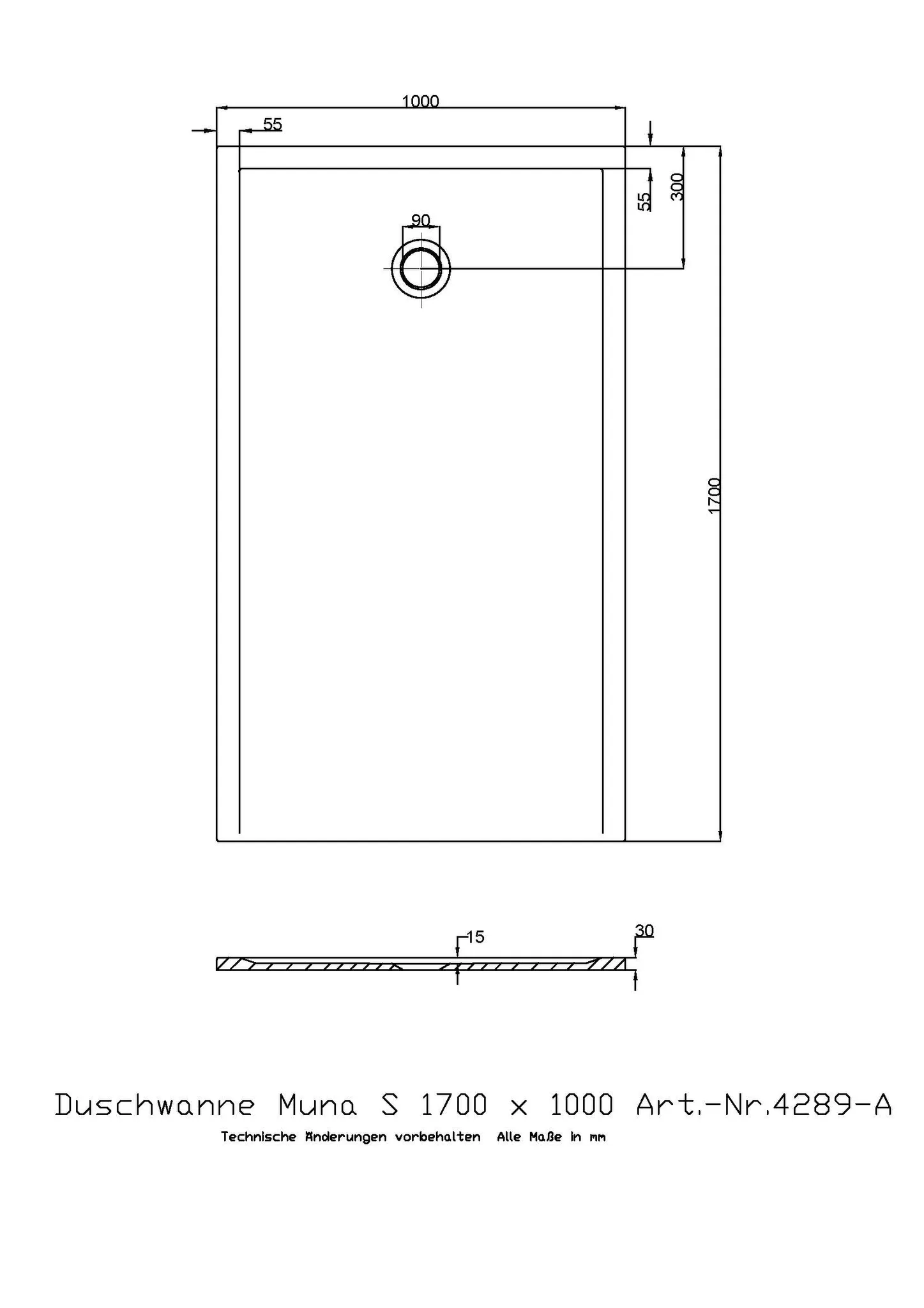 Duschwanne „Muna S“ Rechteck 170 × 100 cm in Telegrau Duschwanne „Muna S“ Rechteck 170 × 100 cm in Telegrau