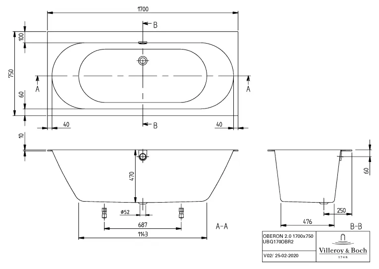 Villeroy & Boch Badewanne „Oberon 2.0“ Duo rechteck 170 × 75 cm, Mittelablauf in Weiß Alpin