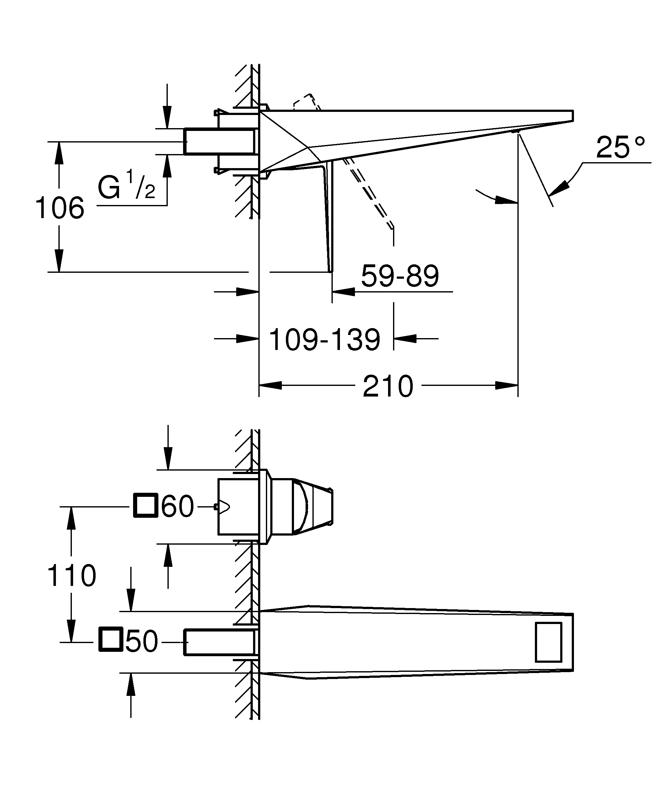 2-Loch-Waschtischbatterie Allure Brilliant 29403, Wandmontage, Fertigmontageset für 23 200, Ausladung 210 mm, chrom