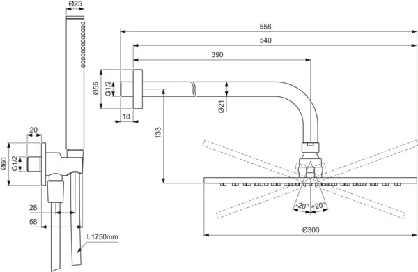 Armaturen-Paket Idealrain Brushed Gold, Wandanschluss, Kopfbrause, Stabhandbrause, Wandanschlussbogen Unterputz Armaturen-Paket Idealrain Brushed Gold, Wandanschluss, Kopfbrause, Stabhandbrause, Wandanschlussbogen Unterputz