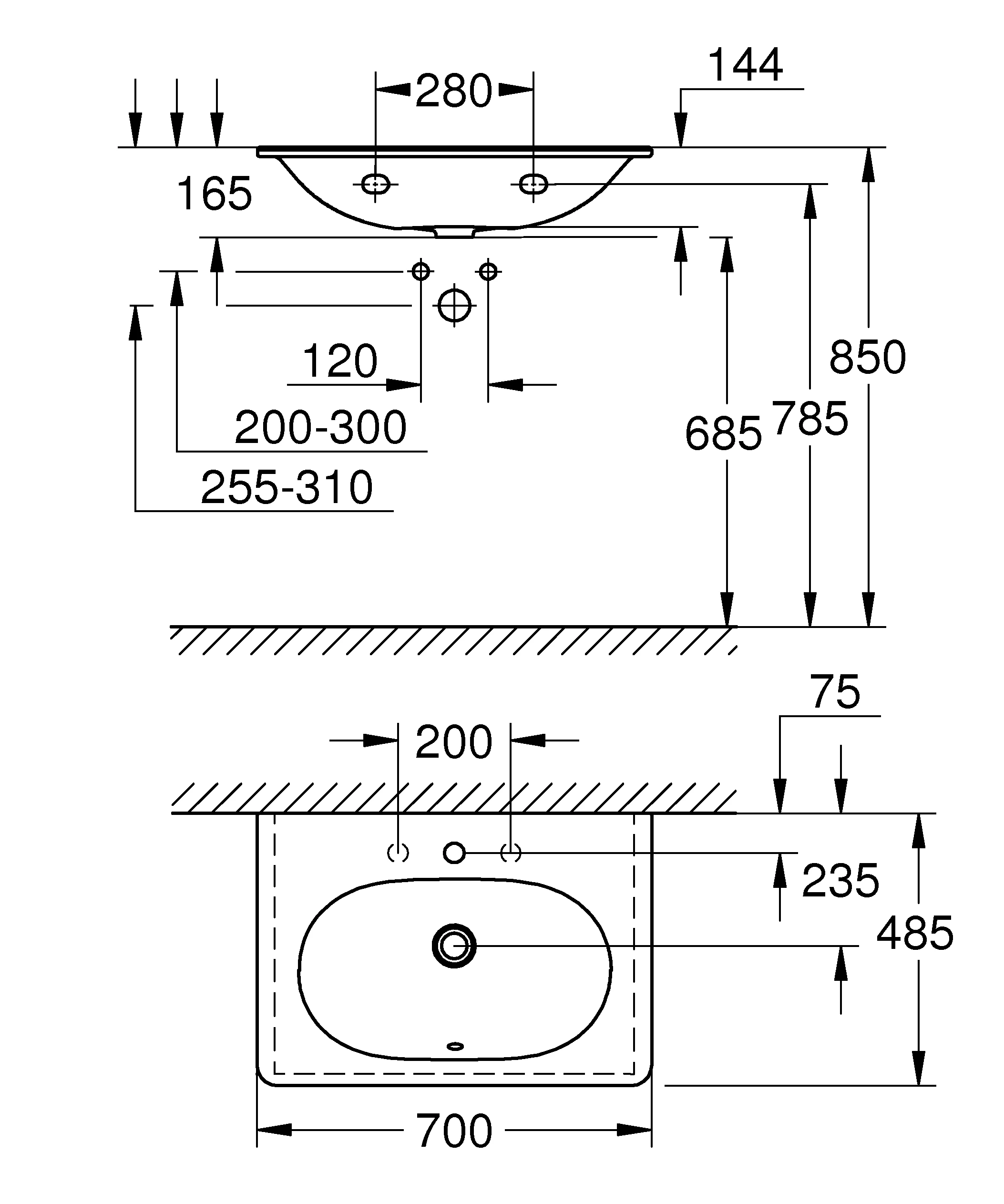 Waschtisch Essence 39564_H, 70 cm, wandhängend, 700 x 485 mm, 1 Hahnloch - 2 weitere vorgestochen, mit Überlauf auf der entgegengesetzten Seite zur Armatur, mit Überlauf, aus Sanitärkeramik, PureGuard Hygieneoberfläche, alpinweiß