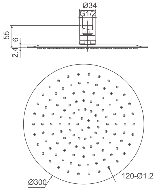 Kopfbrause AqvaGreen - rund - 300 mm Durchmesser - sichtbare Höhe 2,4 mm - "easy-clean" - 1/2″ IG - Kugelgelenk, 45° schwenkbar - 10,9 L/min bei 3 bar - Edelstahl, hochglanzpoliert