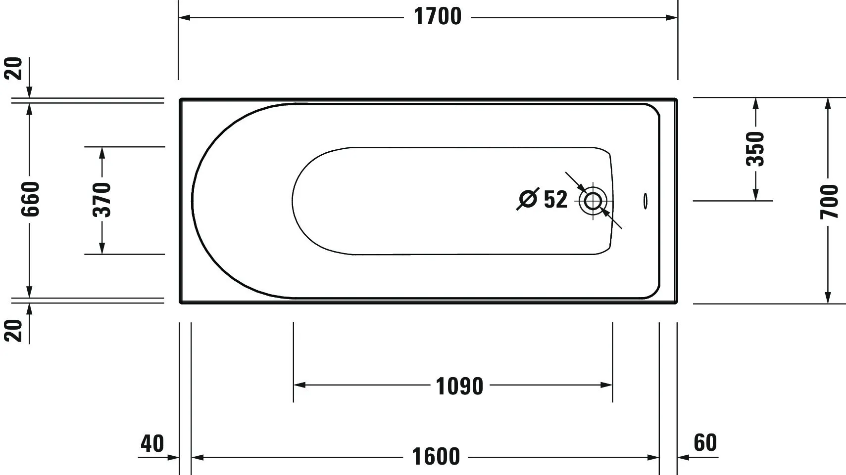 Duravit Badewanne „D-Neo“ rechteck 170 × 70 cm, Fußablauf