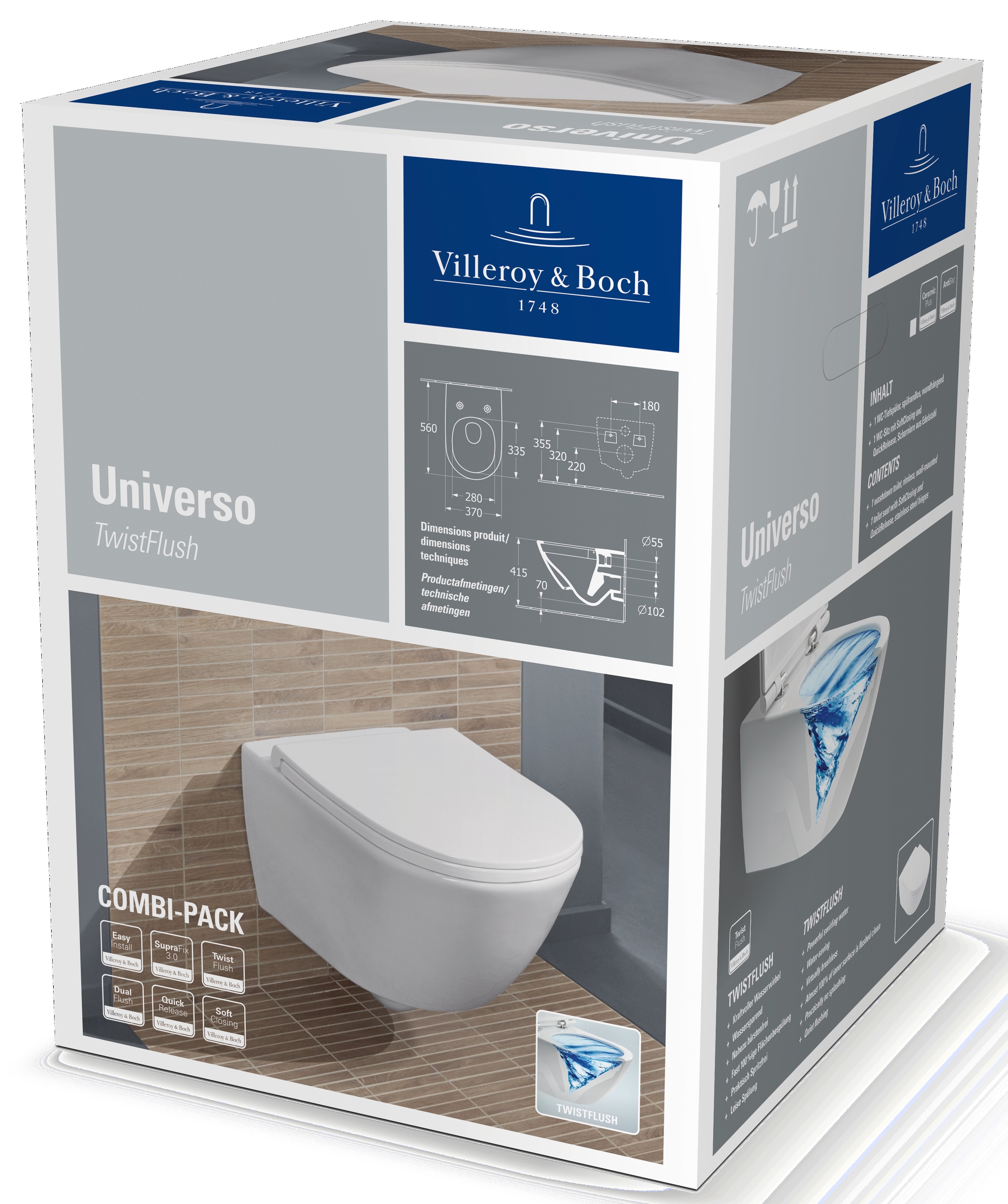 Wand-Tiefspül-WC Combi-Pack „Universo TwistFlush“ 37 × 36 × 56 cm mit CeramicPlus