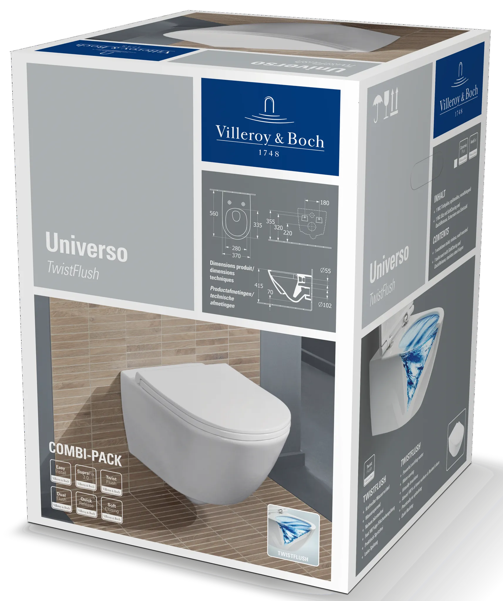 Wand-Tiefspül-WC Combi-Pack „Universo Twistflush“ 37 × 36 × 56 × 56 cm in Weiß Alpin, ohne Spülrand, Abgang waagerecht, Soft Closing, Quick Release
