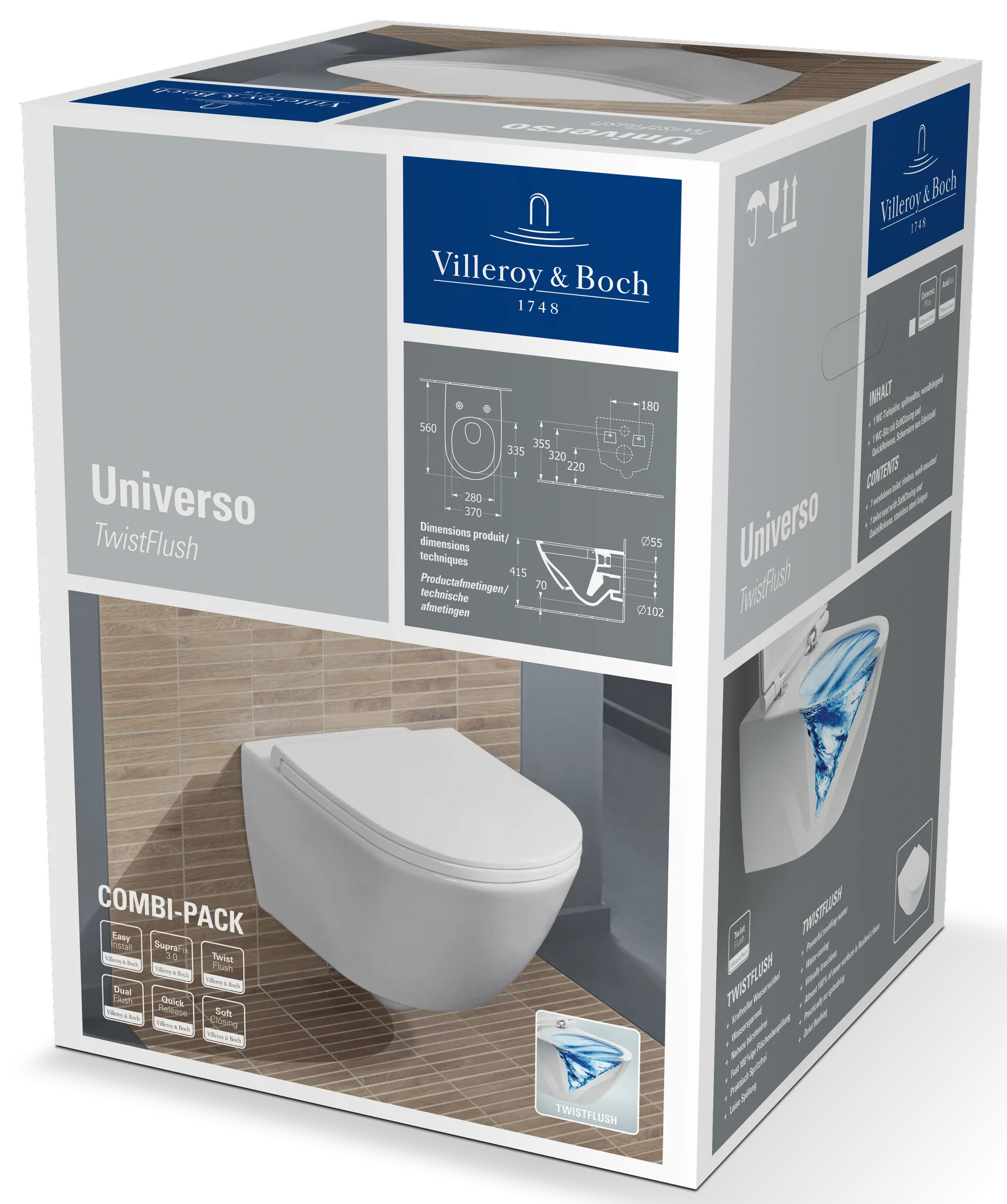 Wand-Tiefspül-WC Combi-Pack „Universo TwistFlush“ 37 × 36 × 56 × 56 cm, mit CeramicPlus, 4670T9R1 Sonderpreis - B-Ware Wand-Tiefspül-WC Combi-Pack „Universo TwistFlush“ 37 × 36 × 56 × 56 cm, mit CeramicPlus, 4670T9R1 Sonderpreis - B-Ware