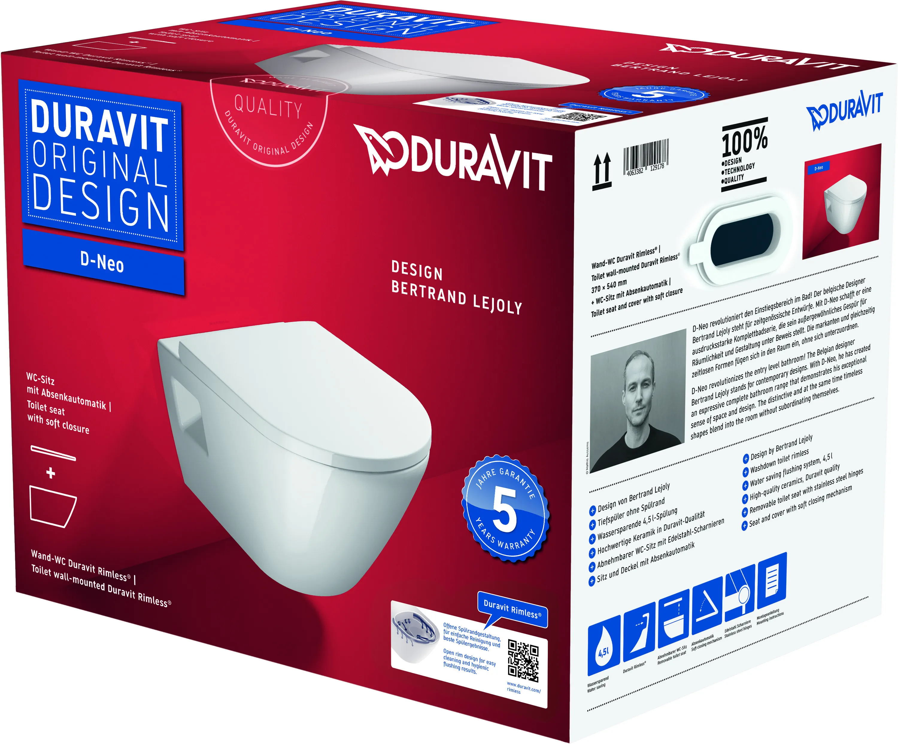 Duravit Wand-Tiefspül-WC inkl. WC-Sitz „D-Neo“ 37 × 54 × 40 cm in Weiß Hochglanz, Befestigung sichtbar, ohne Spülrand