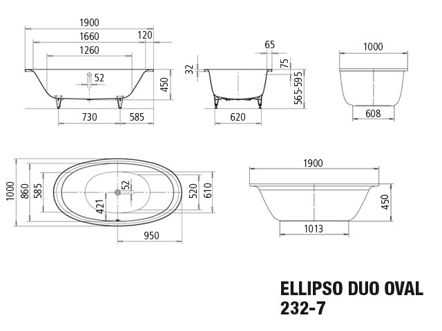 ELLIPSO DUO OVAL freistehend Badewanne, 232-7 1900x1000mm alpinweiß, Antislip