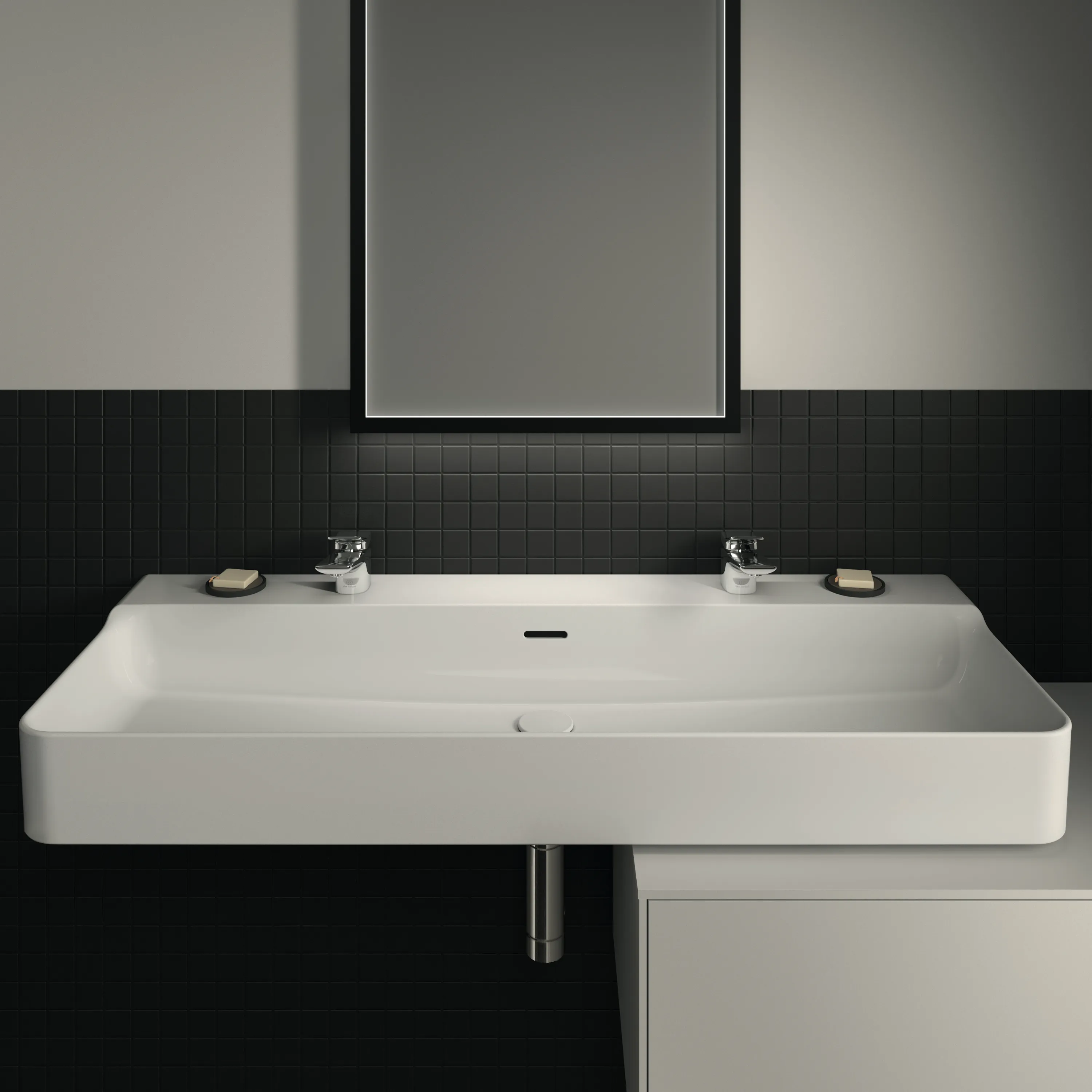 Waschbecken „Conca“ 120 × 45 × 16,5 cm, Hahnlochposition links und rechts in Weiß Waschbecken „Conca“ 120 × 45 × 16,5 cm, Hahnlochposition links und rechts in Weiß