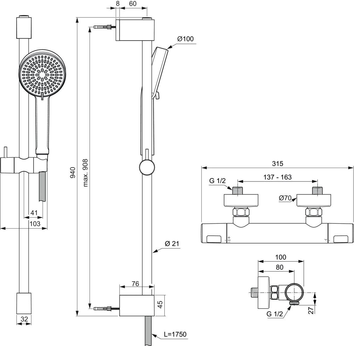 Ideal Standard Brausegarnitur Ceratherm T25 N mit Thermostat, Chrom, Brausestange 90 cm
