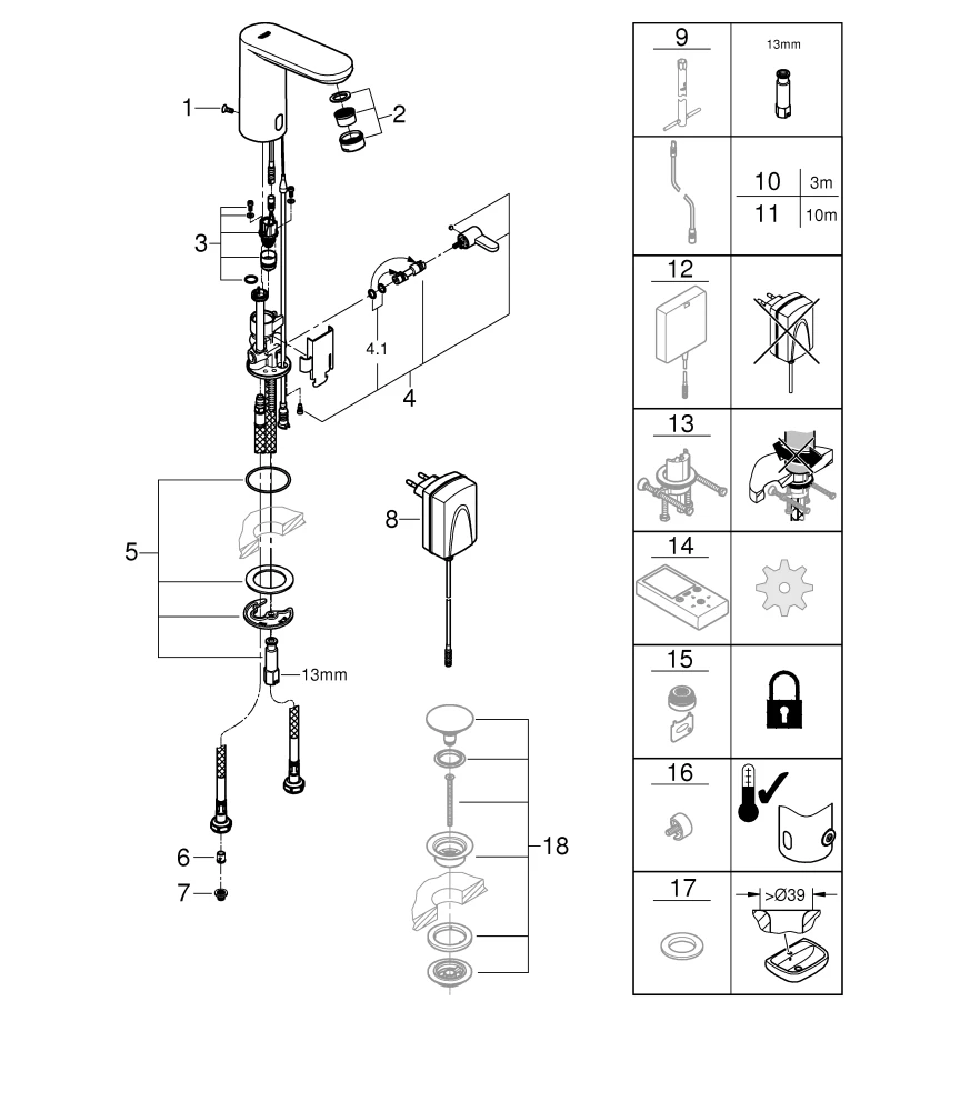 Infrarot-Elektronik für Waschtisch Eurosmart CE 36325_1, mit Mischung, Rückflussverhinderer, mit Steckertrafo 100-230 V AC, 50-60 Hz, 6 V DC, chrom