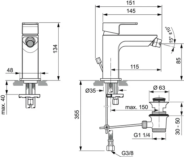 Bidetarmatur Edge, mit Ablaufgarnitur, Ausladung 115mm, Chrom Bidetarmatur Edge, mit Ablaufgarnitur, Ausladung 115mm, Chrom