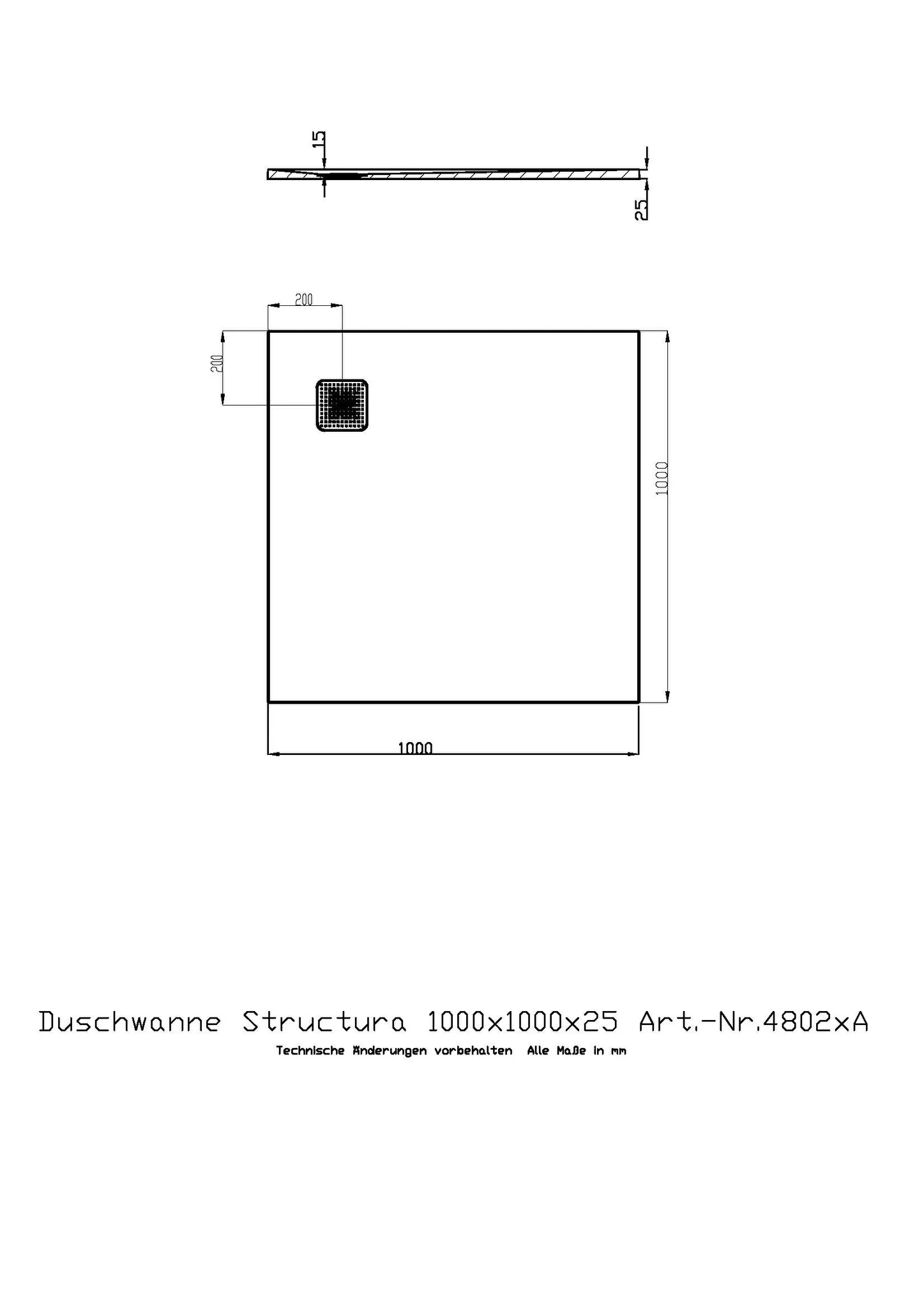 Duschwanne Structura 1000x1000x25 in gesoftete Schieferoptik, mit Antirutsch B, Material Solique, Weiß