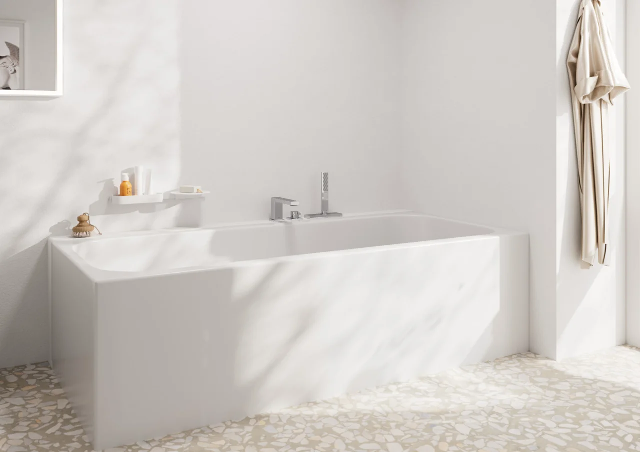 Hansgrohe Tecturis E 3-Loch Einhebel-Wannenrandmischer Mattweiß, Ausladung 206 mm, mit sBox und Handbrause PowderRain