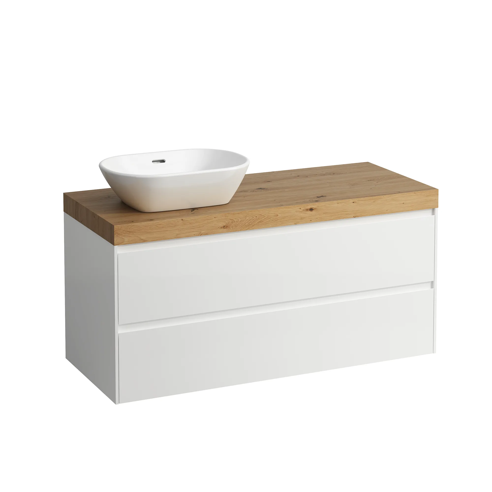 Waschtischunterbau+Waschtischplatte (MODULAR SYSTEM) LANI 495x1185x580 mit Ausschnitt links Abdeckplatte 65 mm (Farbe: .267 wildeiche), mit 2 Schubladen integrierter Griffleiste Vollauszug und Soft-Close weiß matt Waschtischunterbau+Waschtischplatte (MODULAR SYSTEM) LANI 495x1185x580 mit Ausschnitt links Abdeckplatte 65 mm (Farbe: .267 wildeiche), mit 2 Schubladen integrierter Griffleiste Vollauszug und Soft-Close weiß matt