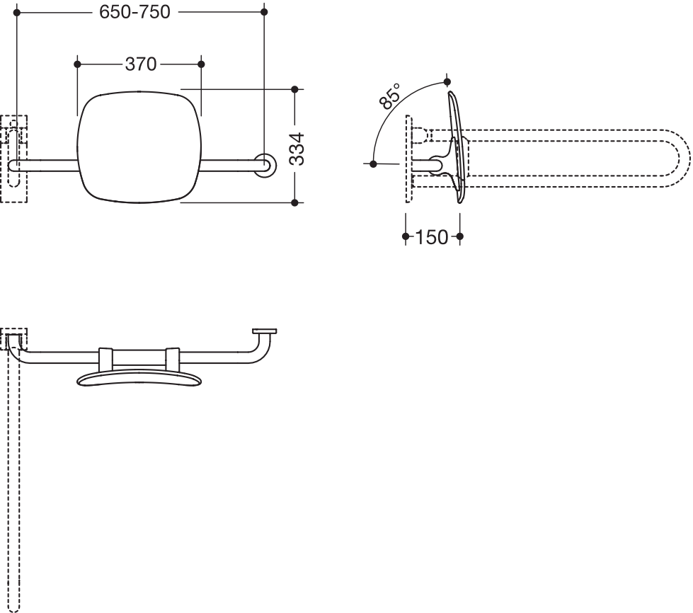 Rückenstütze, WA=150mm, rechts zur Befest.an Wand-/SK-Griff signalweiß