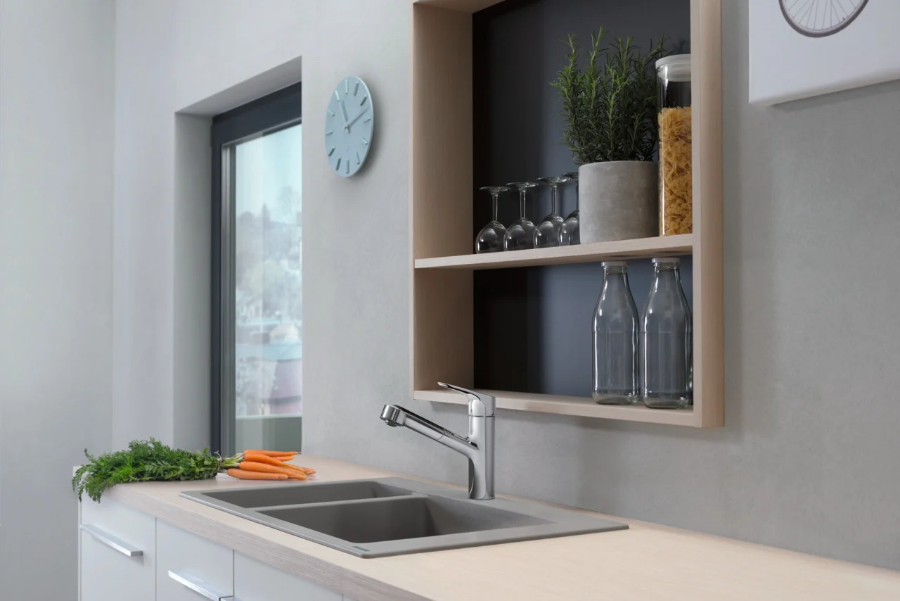 Hansgrohe Einbauspüle S51 Serie, Betongrau, 750 x 490 mm Ausschnitt, Aufbau, 80 cm Unterschrank, 1 Hauptbecken + 1 Zusatzbecken