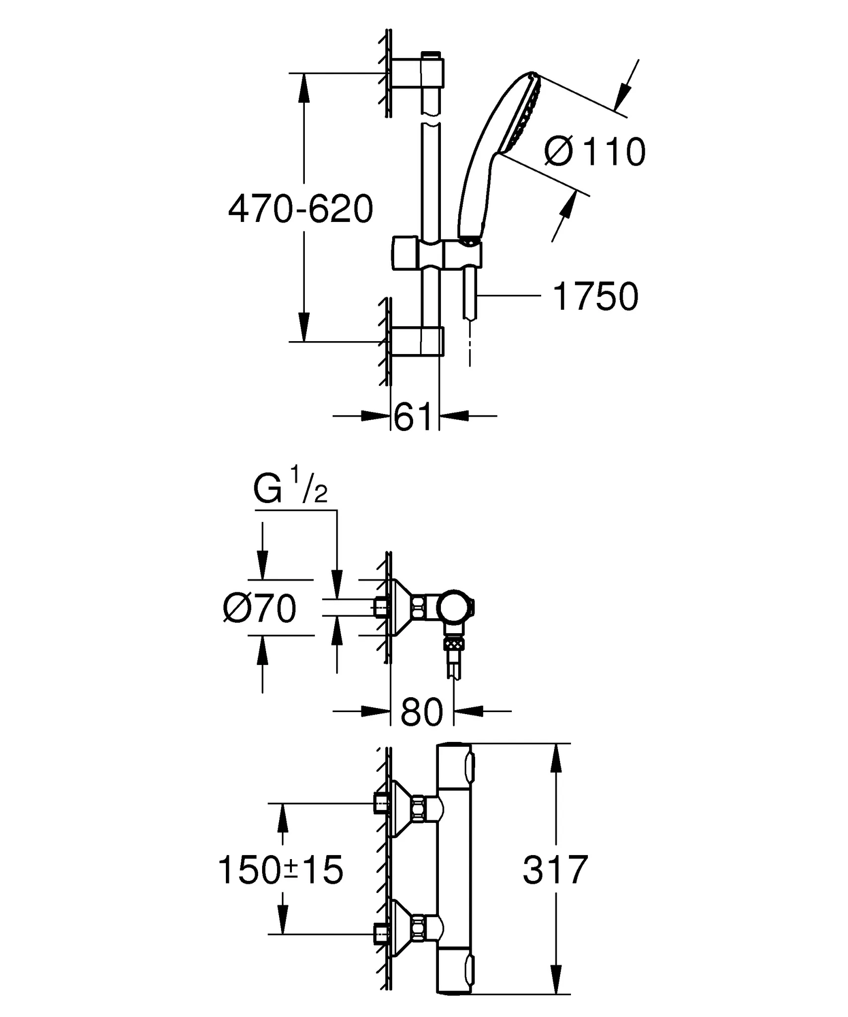 Thermostat-Brausebatterie Grohtherm 500 34796_1, mit Tempesta Brausestangenset 600mm, 1 Strahlart: Rain, chrom Thermostat-Brausebatterie Grohtherm 500 34796_1, mit Tempesta Brausestangenset 600mm, 1 Strahlart: Rain, chrom