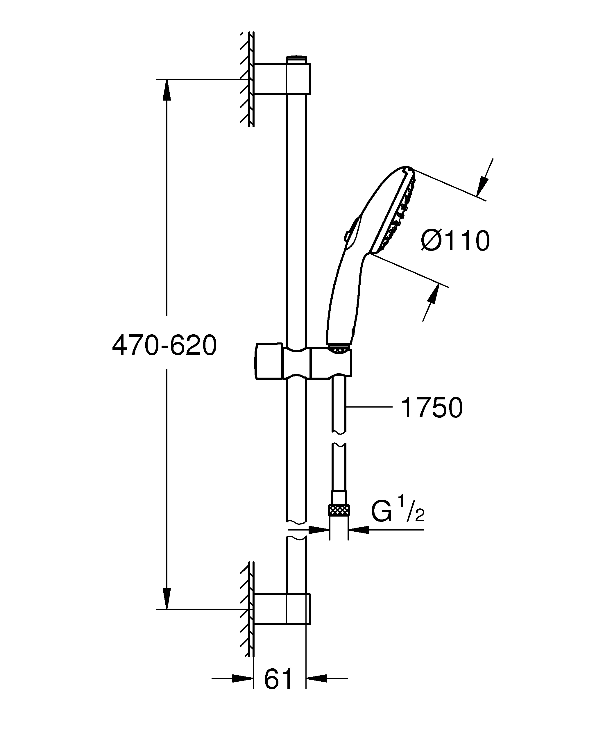 Brausestangenset Tempesta 110 26162_3, 600mm, 2 Strahlarten: Rain/Jet, Brauseschlauch Relexaflex 1.750mm, Water Saving, maximaler Durchfluss (bei 3 bar): 8.5 l/min, chrom