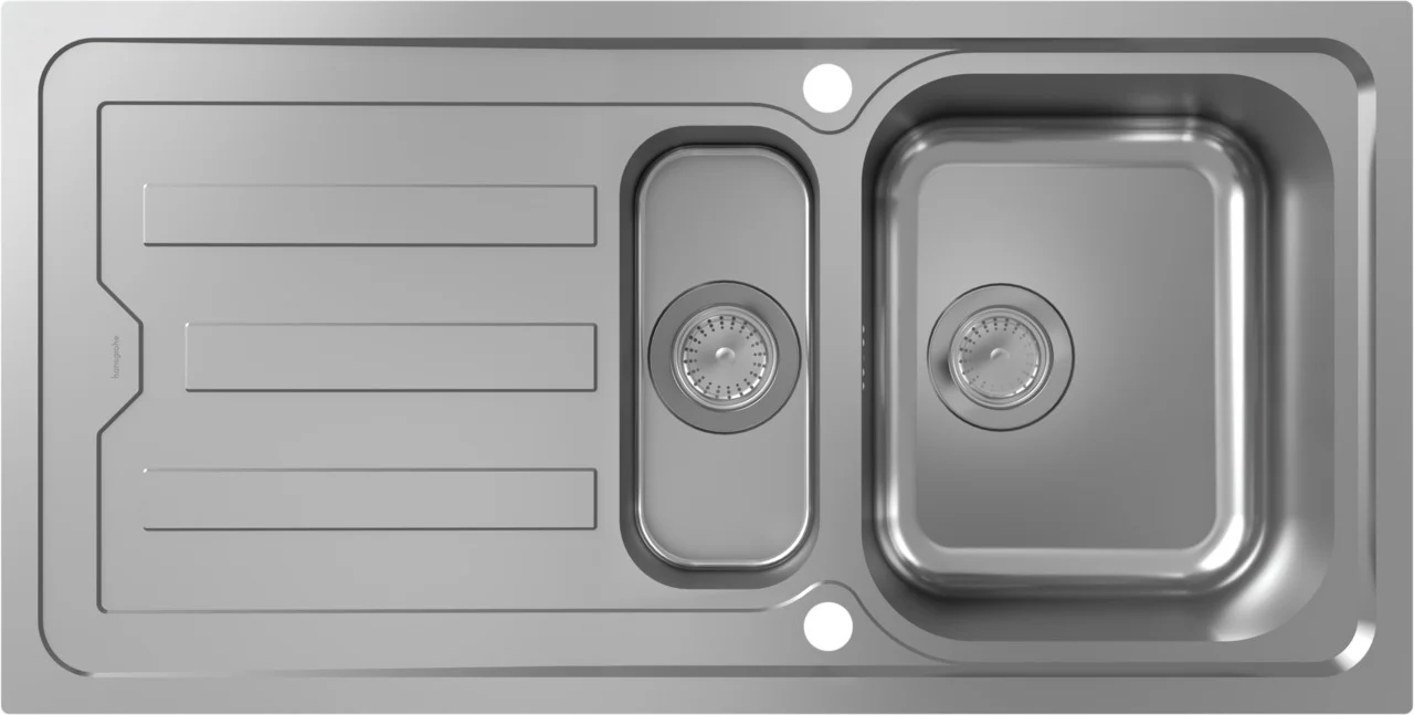 Hansgrohe Einbauspüle S44 Serie 43370XXX Edelstahl 990 x 490 mm mit Abtropffläche und automatischer Ablaufgarnitur Hansgrohe Einbauspüle S44 Serie 43370XXX Edelstahl 990 x 490 mm mit Abtropffläche und automatischer Ablaufgarnitur
