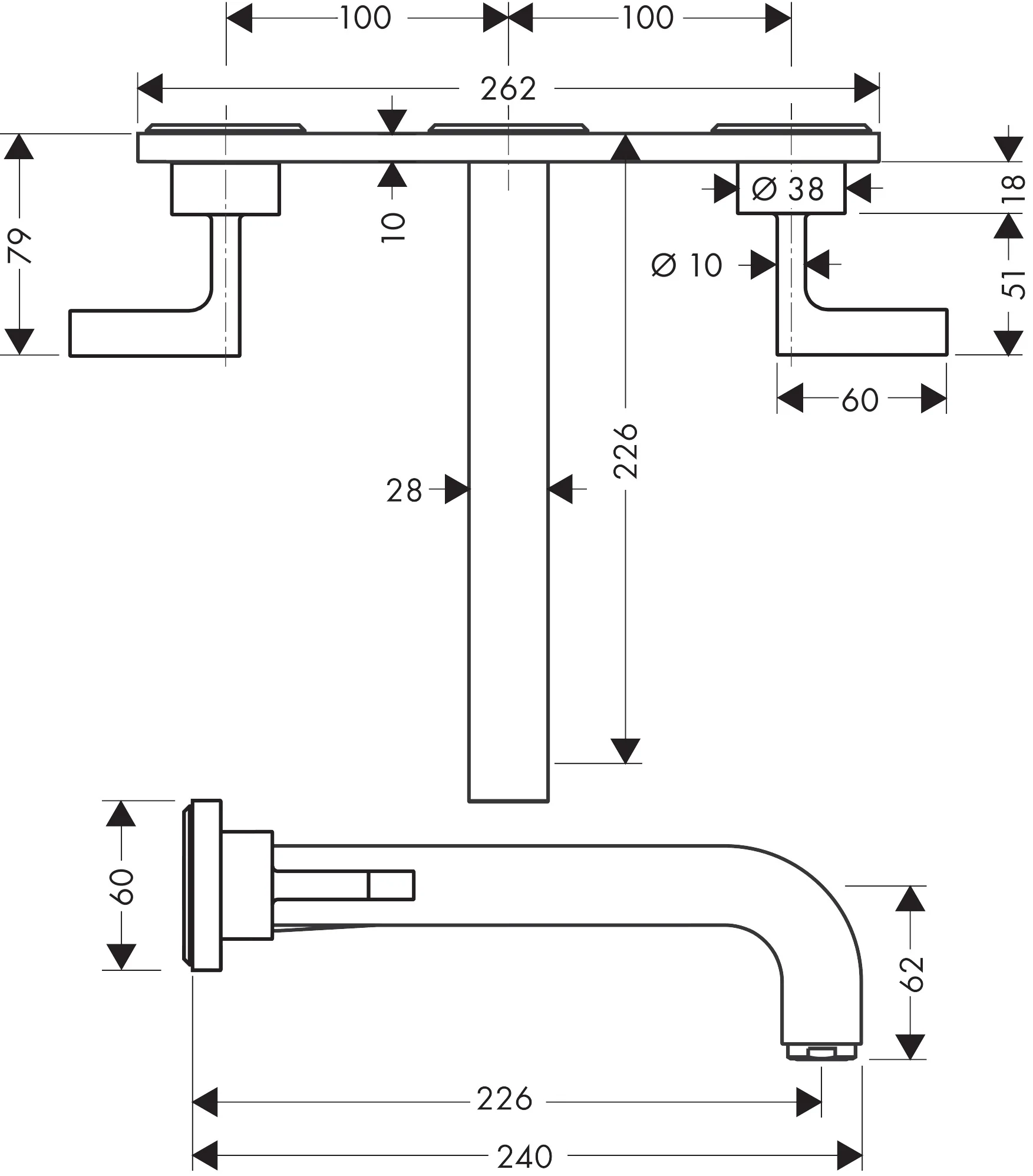 Hansgrohe AXOR Citterio 3-Loch Waschtischarmatur Unterputz, Chrom, Ausladung 226 mm, Hebelgriff, Normalstrahl, max. Durchfluss 5 l/min