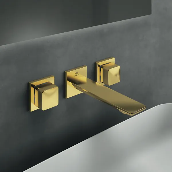 Wand-Waschtischarmatur Conca, Bausatz 2, eckige Rosetten, Ausladung 180mm, Brushed Gold