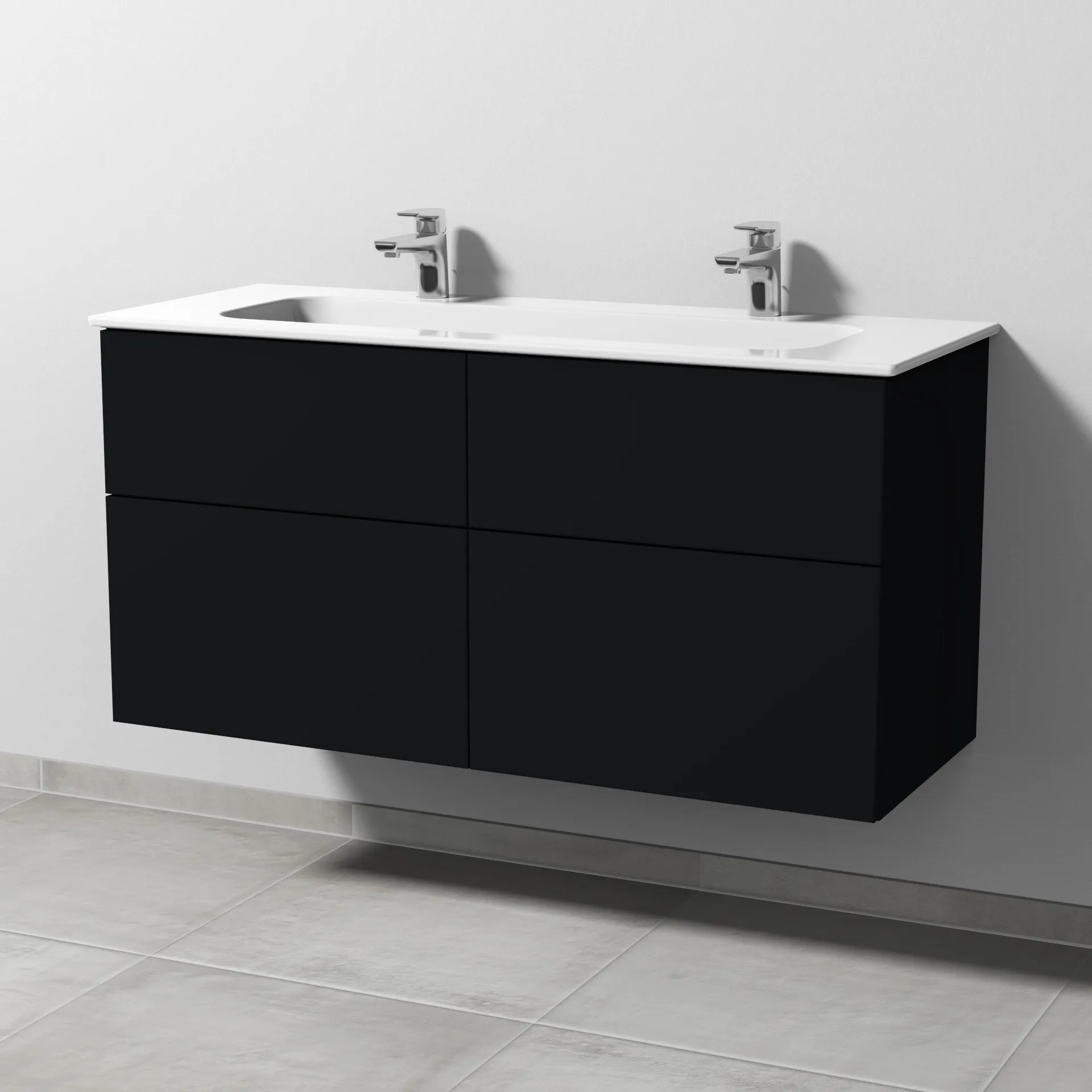 Keramik-Waschtisch-Set mit Waschtischunterschrank „3way“ 117 × 46 × 58,2 cm in Schwarz (matt), mit Hahnlochbohrung, Becken mittig