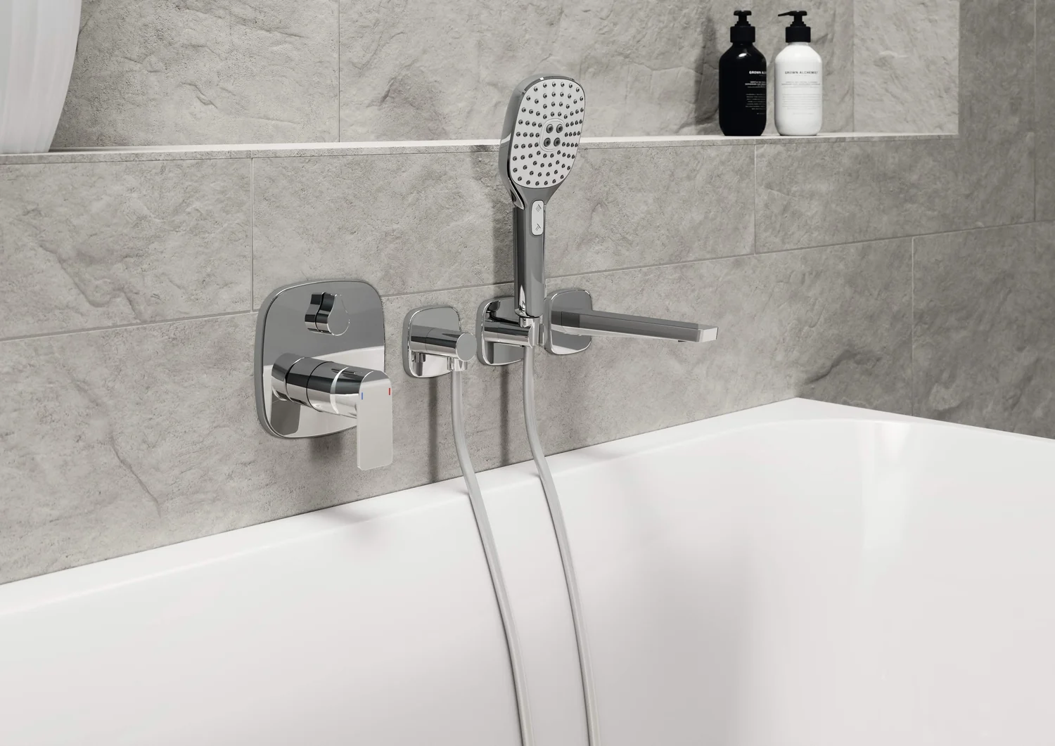 HansaSTELA Wannen- und Brausearmatur Einhebelmischer Fertigmontageset für Wanne/Brause HansaSTELA 8784 Rosette soft edge Chrom