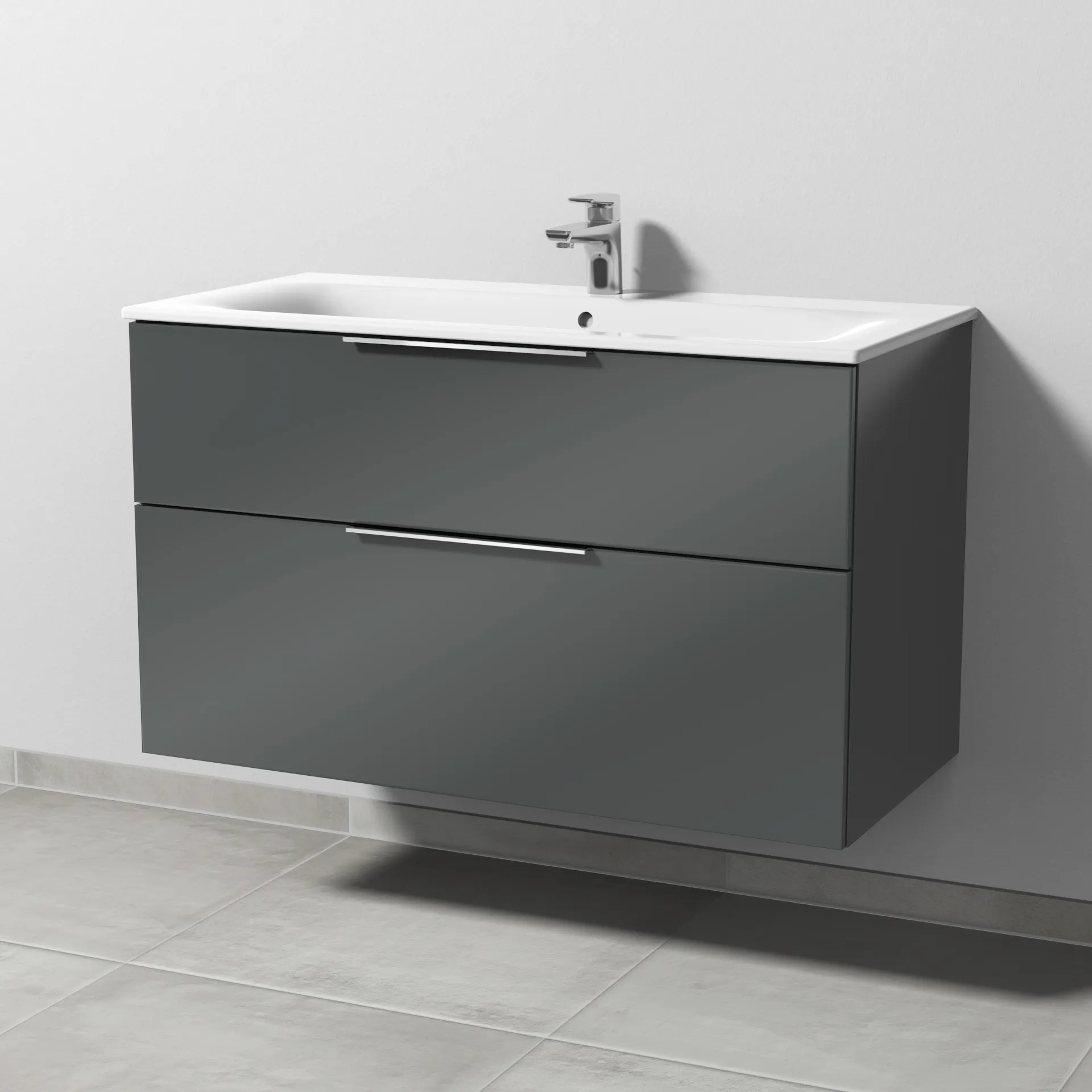 Sanipa Waschtischunterschrank „3way“ passend zu Keramik-Waschtische Renova Plan Slim von Geberit 985 × 582 × 472 mm in Anthrazit (glanz)