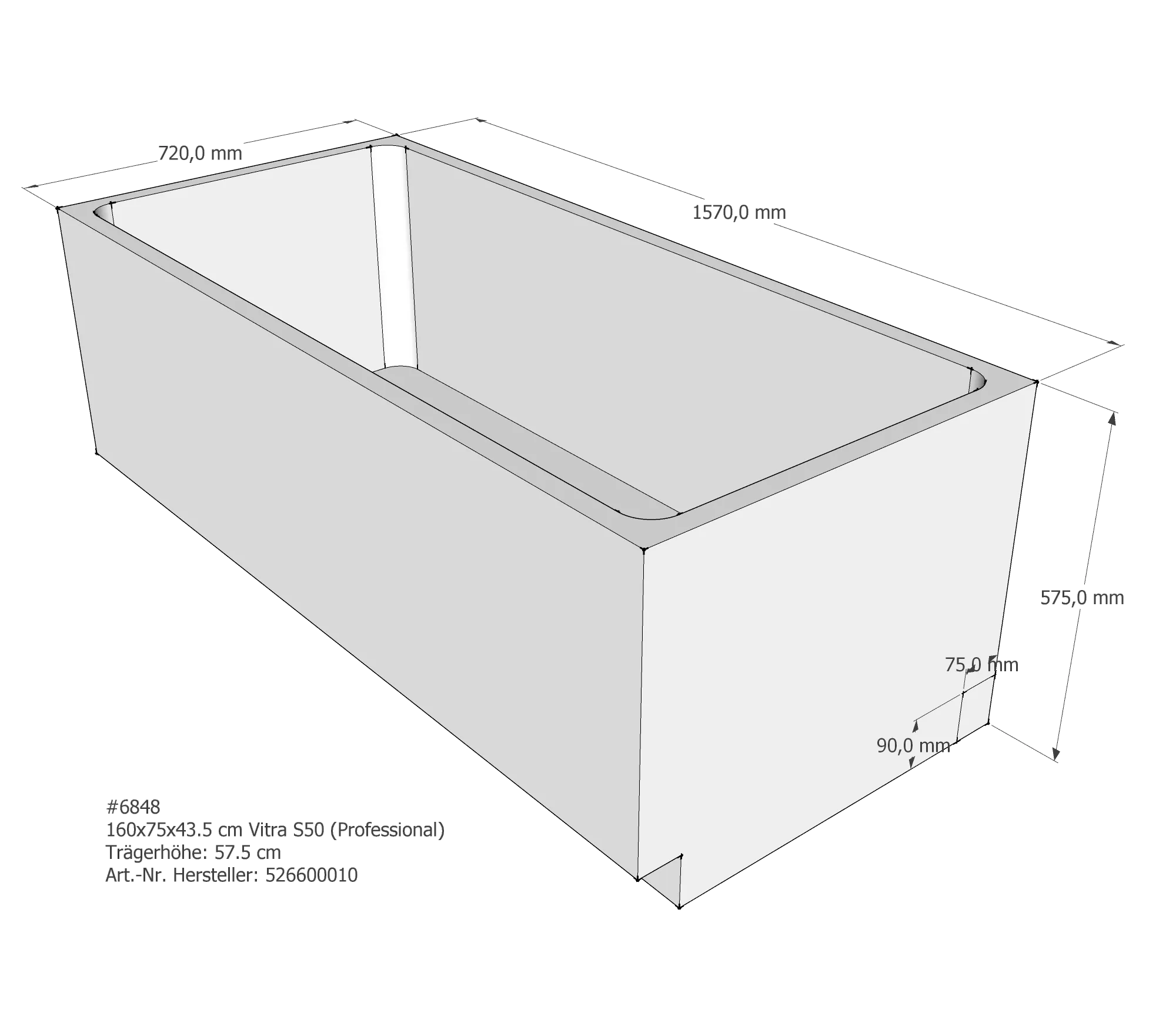 Badewannenträger passend für VitrA Integra 160 × 75 × 43,5 cm