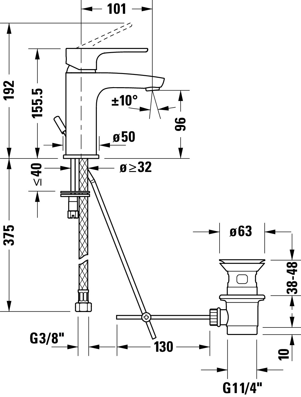 B.1 Einhebel-Waschtischmischer S Höhe 155,5 Ausladung 101 mm