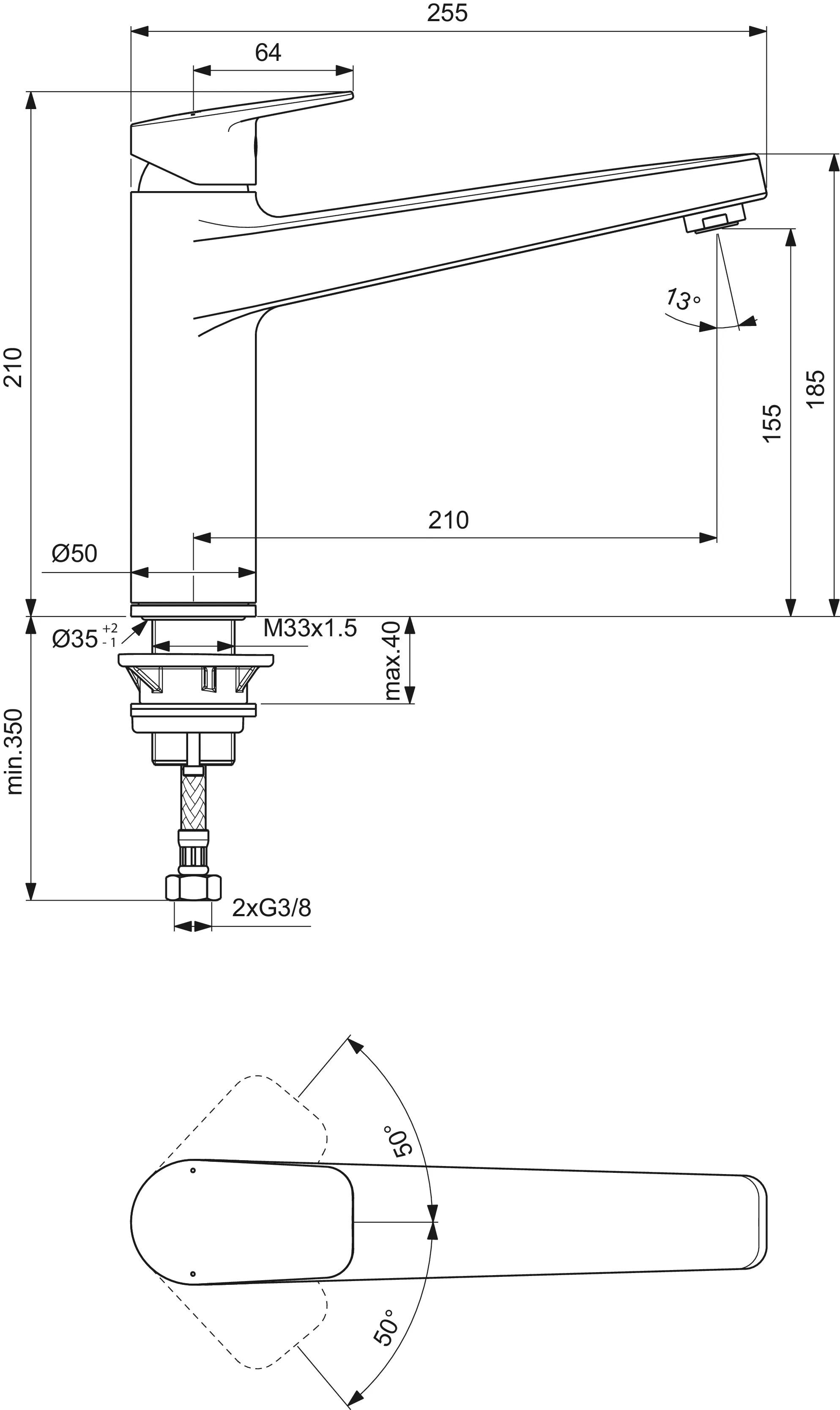 Küchenarmatur Ceraplan mit hohem Auslauf Ausladung 210mm Chrom