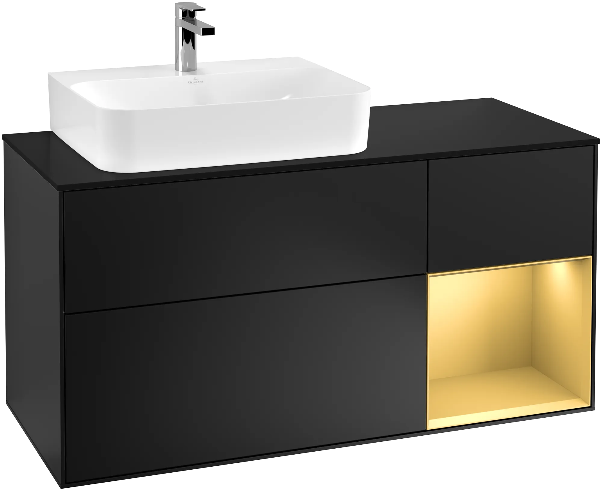 Villeroy & Boch Finion Waschbeckenunterschrank G15, 1200x603x501mm, Black Matt Lacquer / Gold Matt Lacquer / Glass Black Matt