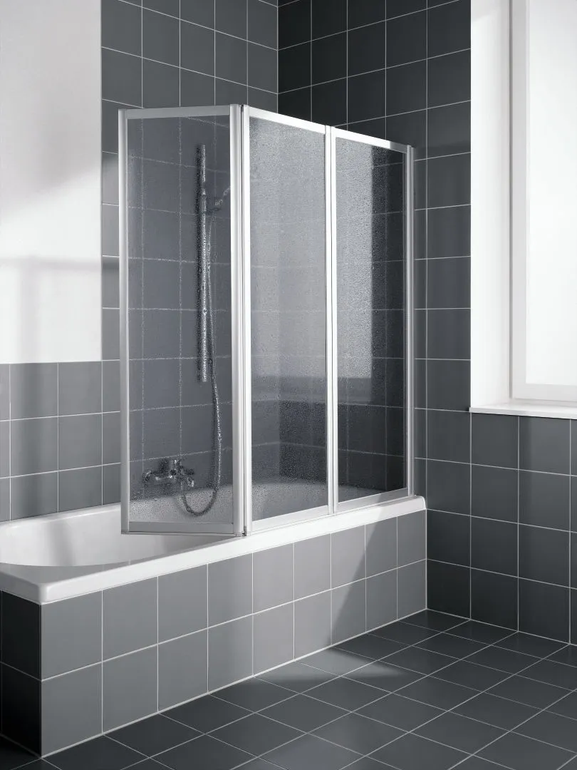 Kermi Duschdesign Badewannenabtrennung Faltwand 3-flügelig auf Badewanne „VARIO 2000“, Falttür Glas Kerolan Perl, Profile Weiß (RAL 9016), BV: 1011 - 1027 mm H: 1400 mm