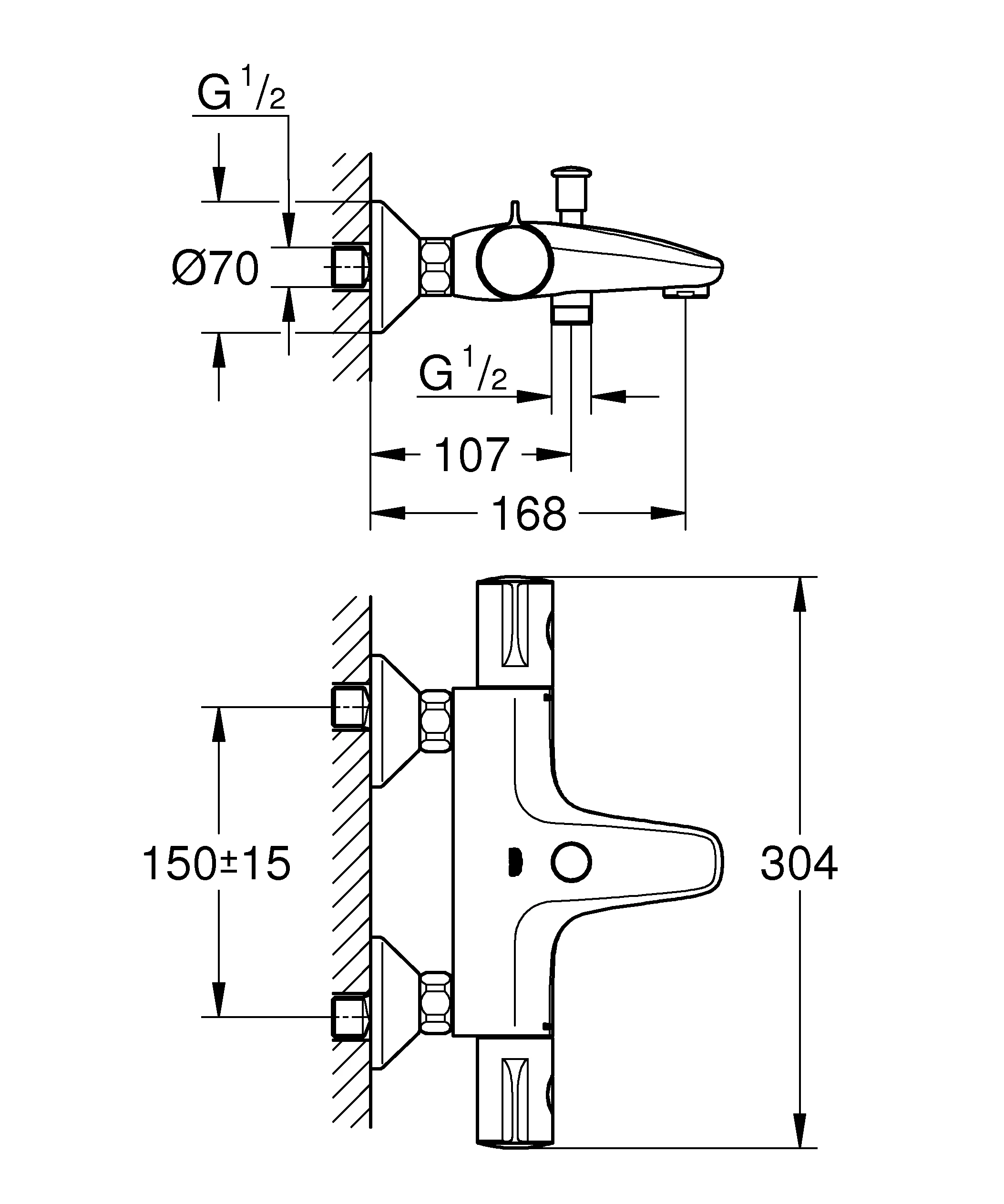 Thermostat-Wannenbatterie Grohtherm 800 34567, Wandmontage, eigensicher, chrom