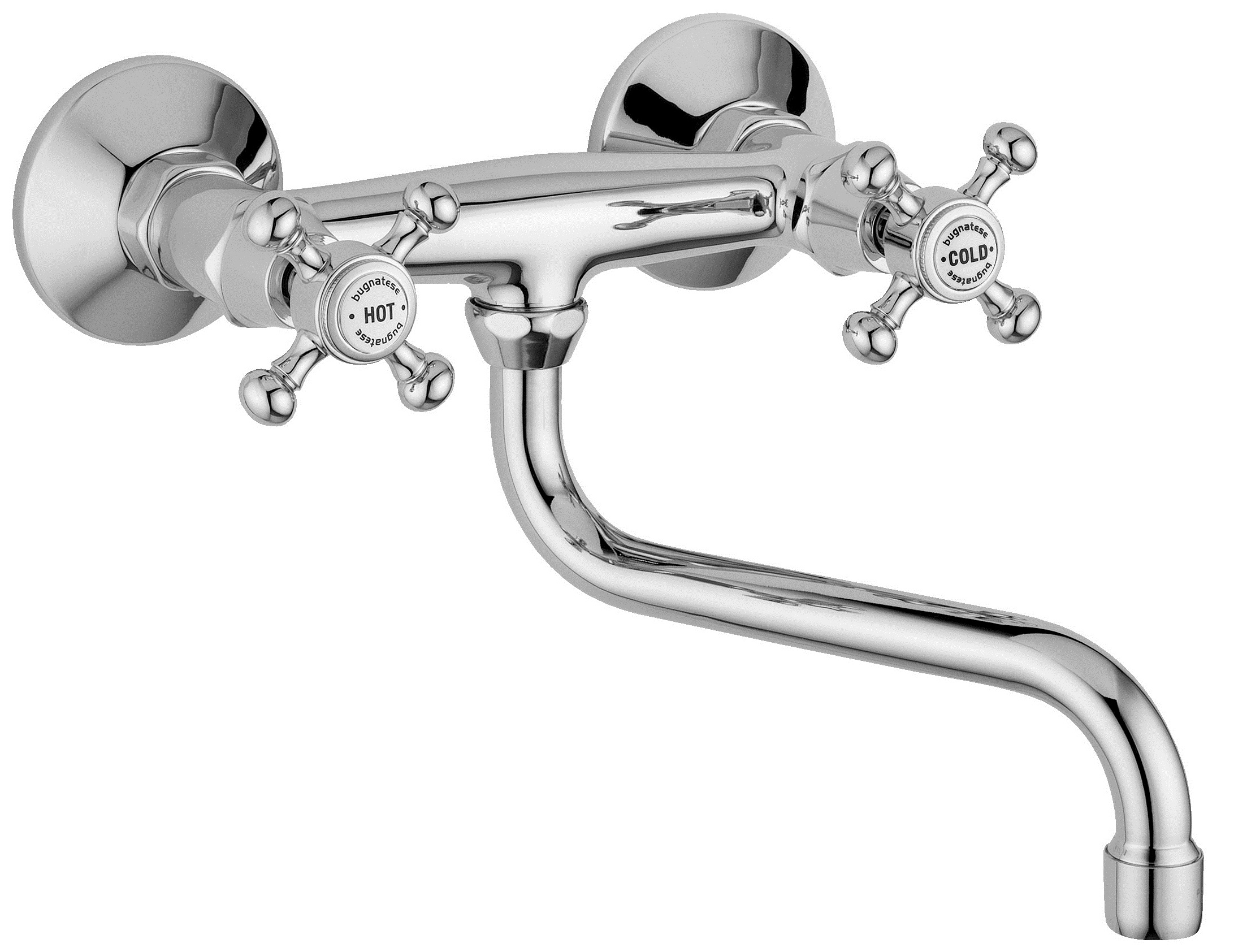 Spültisch-Wandbatterie AqvaRetro I - S-Anschlüsse mit Rosetten - schwenkbarer Auslauf - keramische Innenoberteile 90° - chrom Spültisch-Wandbatterie AqvaRetro I - S-Anschlüsse mit Rosetten - schwenkbarer Auslauf - keramische Innenoberteile 90° - chrom