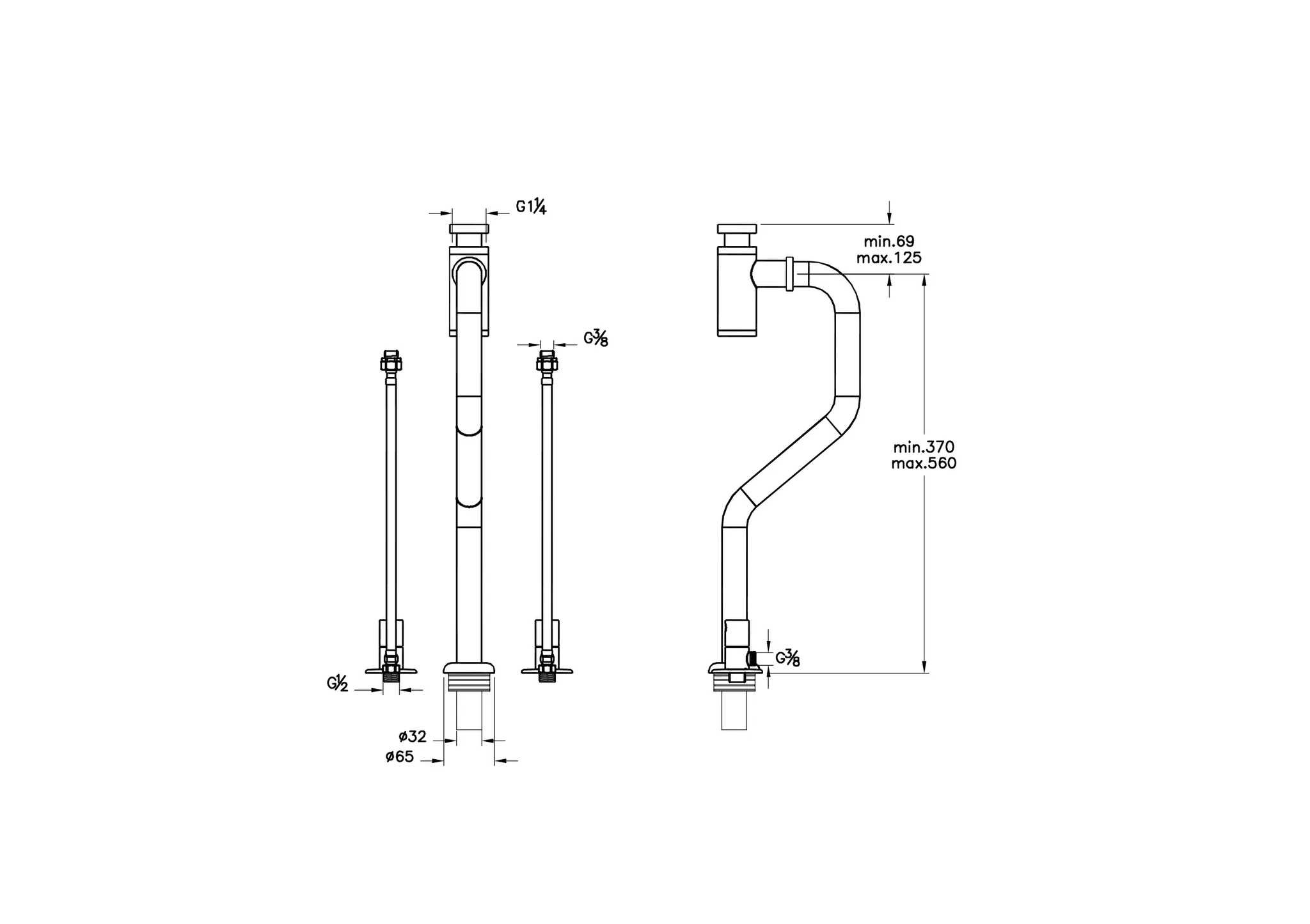 Zubehör Design Siphon zu Monoblock # 7814 Bodenmontage Abgangsrohr und Rosette mit 2 Eckventilen G 1 1/4″ Chrom
