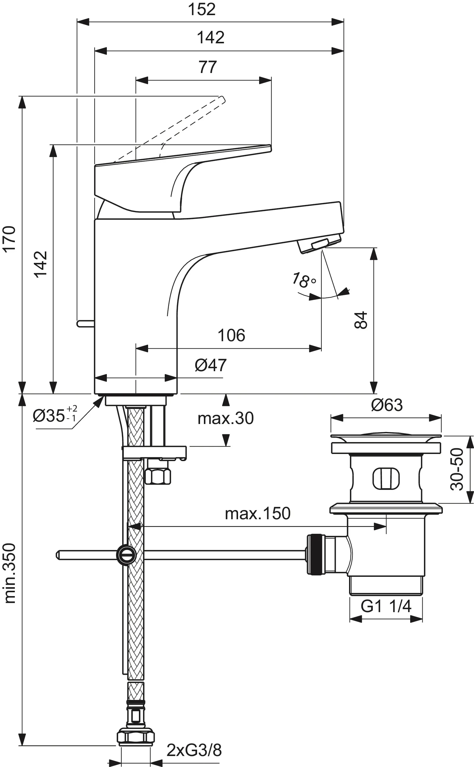 Waschtischarmatur H80 Cerabase 3,8 l/min, mit Metall-Ablaufgarnitur Ausladung 106mm Chrom 1G/MIN Waschtischarmatur H80 Cerabase 3,8 l/min, mit Metall-Ablaufgarnitur Ausladung 106mm Chrom 1G/MIN