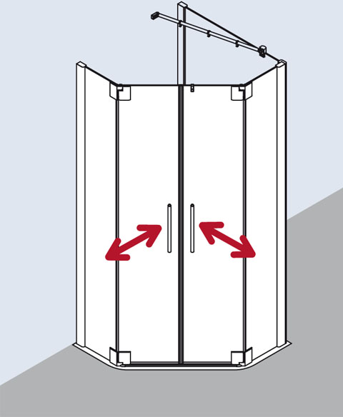 Kermi Duschabtrennung für Fünfeck-Duschwannen Pendeltüren mit Festfeldern für ungleichschenklige Wannen „PASA XP“ Glas Klar, Profile Silber Mattglanz, BV: 720 - 870 mm GAK: 705 - 735 mm WE: 730 - 760/880 - 910 mm H