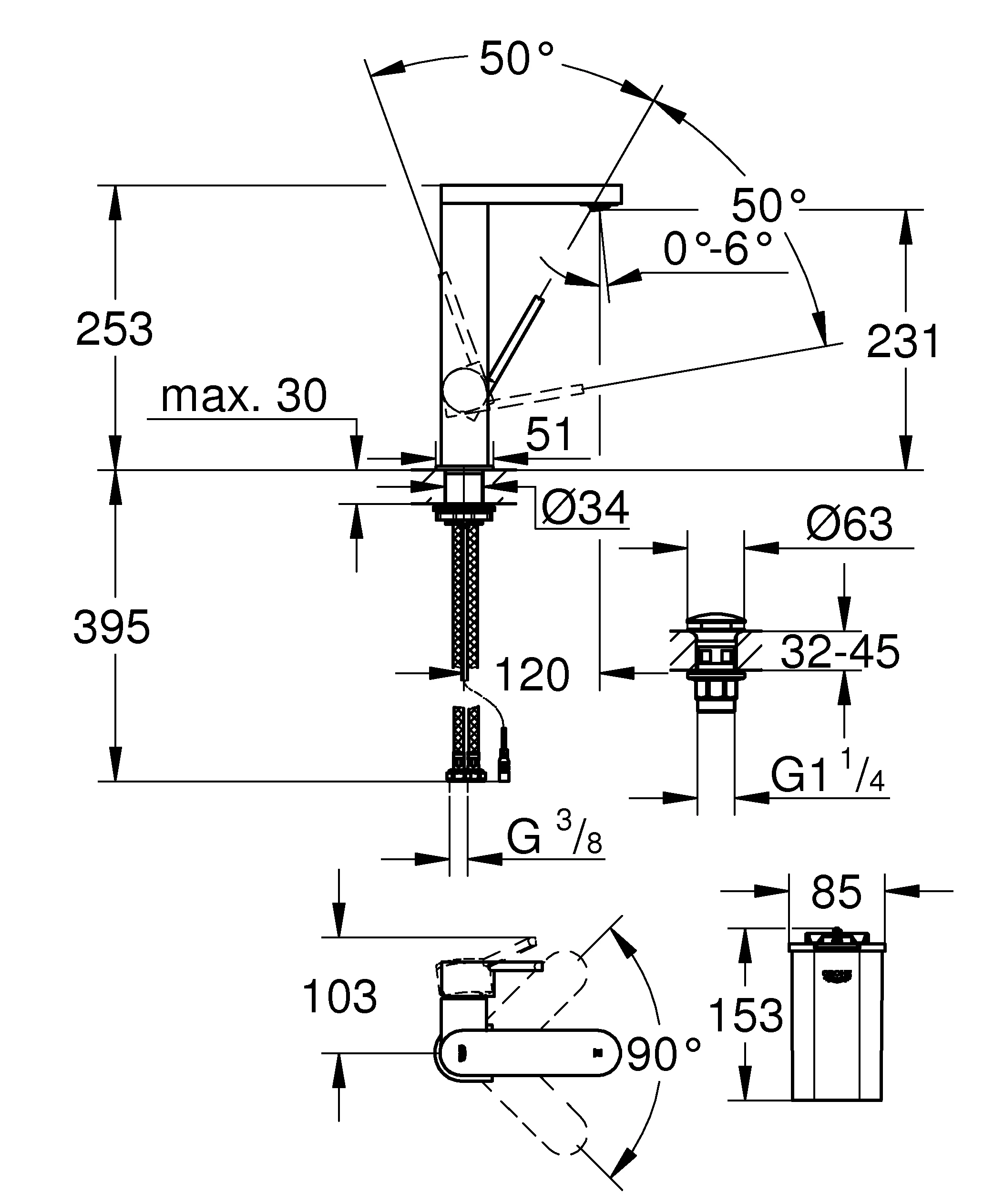 Einhand-Waschtischbatterie Plus 23959_3, LED Display mit Temperaturanzeige, L-Size, Einlochmontage, glatter Körper, Push-open Ablaufgarnitur 1 1/4″, chrom