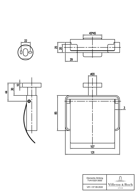 Villeroy & Boch Toilettenpapierhalter „Elements-Striking“ 13,1 × 8,5 × 4,5 cm in chrom, Befestigung verdeckt