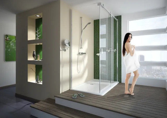 Hoesch Muna Duschkabine 1300x900, rechts Eckversion, Everclean, Haltestange eloxal silber Hoesch Muna Duschkabine 1300x900, rechts Eckversion, Everclean, Haltestange eloxal silber